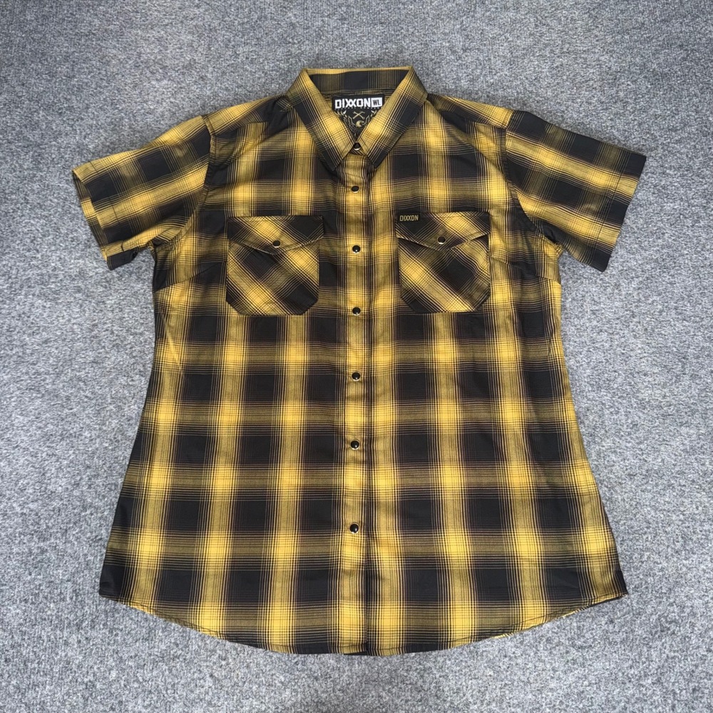 Dixxon Flannel Womens Large Bamboo Plaid Short Sleeve Snap Button Shirt Yellow